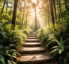 Sunlight on a staircase through a green forest